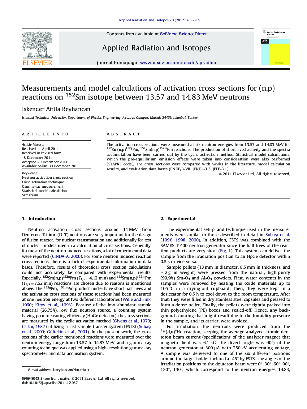 Measurements and model calculations of activation cross sections for (n,p) reactions on 152Sm isotope between 13.57 and 14.83Â MeV neutrons