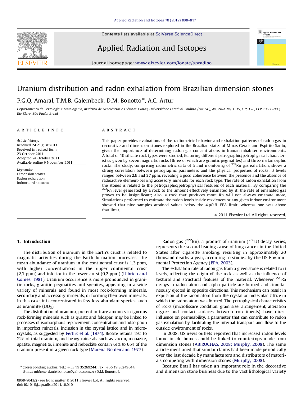 Uranium distribution and radon exhalation from Brazilian dimension stones