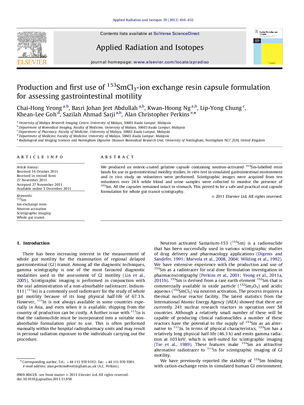 Production and first use of 153SmCl3-ion exchange resin capsule formulation for assessing gastrointestinal motility