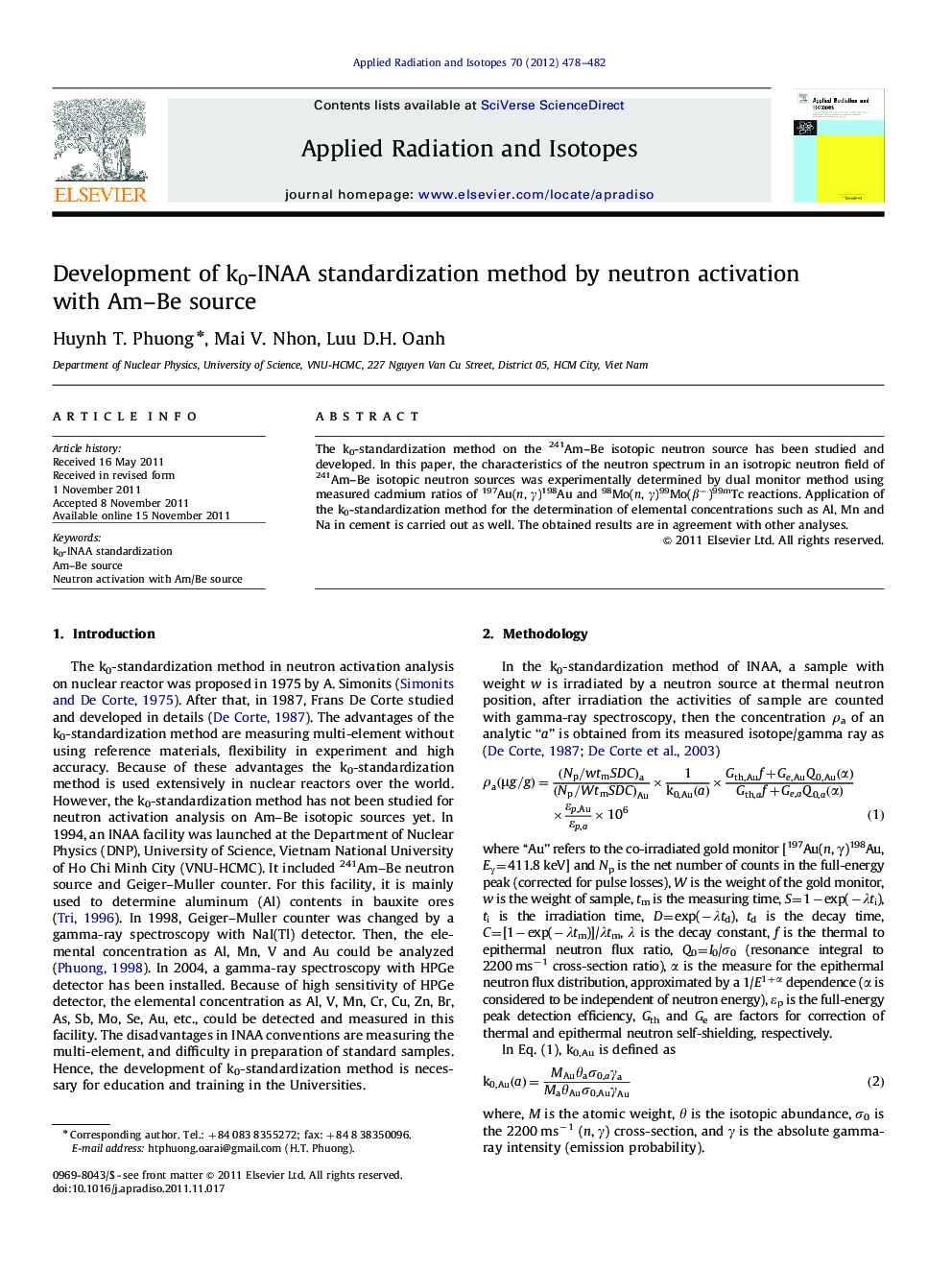 Development of k0-INAA standardization method by neutron activation with Am–Be source