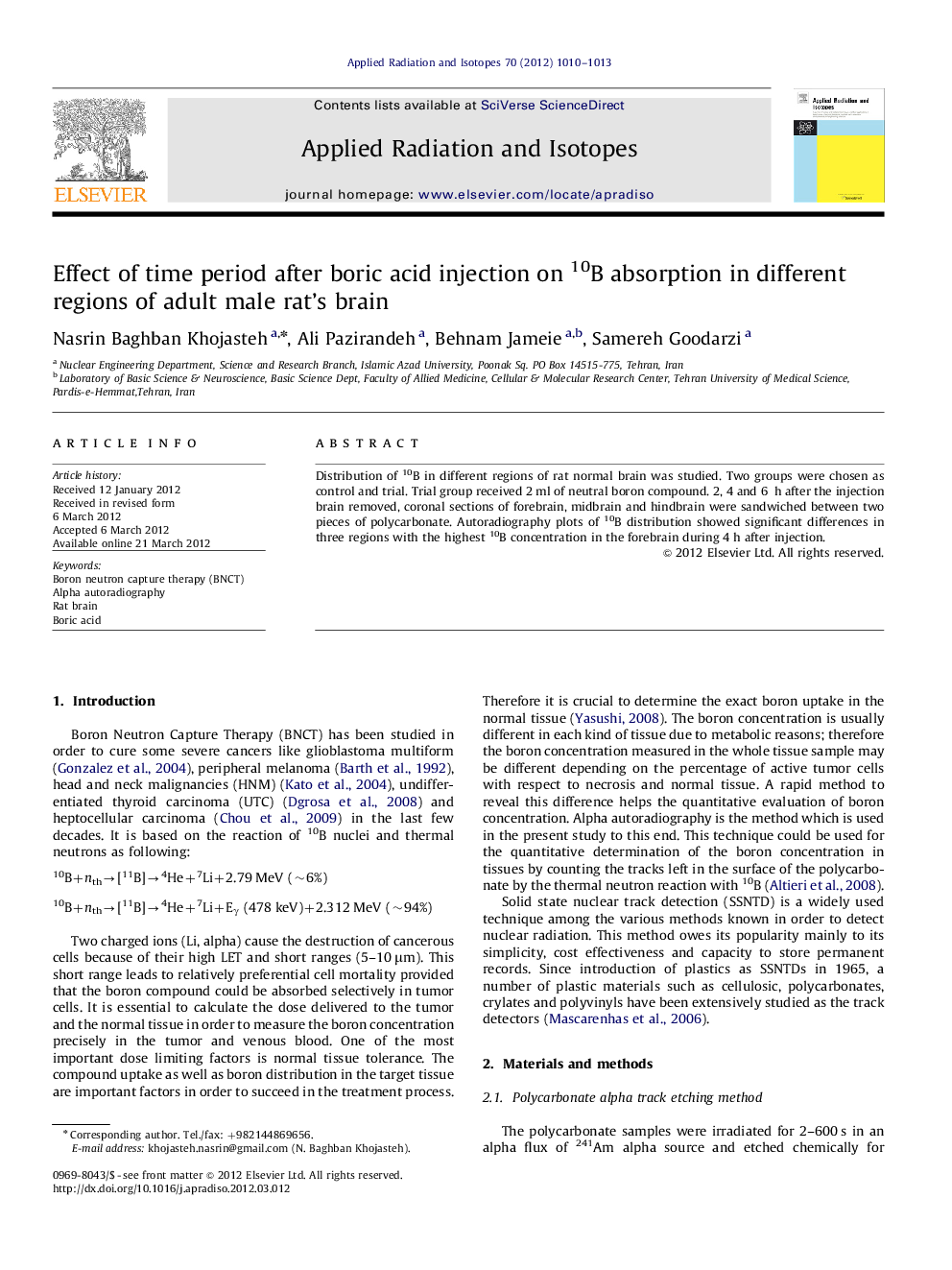 Effect of time period after boric acid injection on 10B absorption in different regions of adult male rat's brain