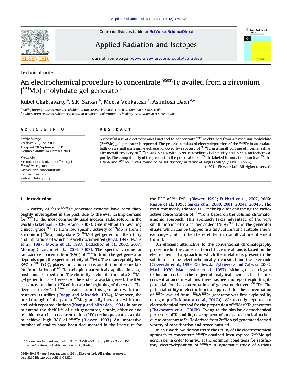 An electrochemical procedure to concentrate 99mTc availed from a zirconium [99Mo] molybdate gel generator