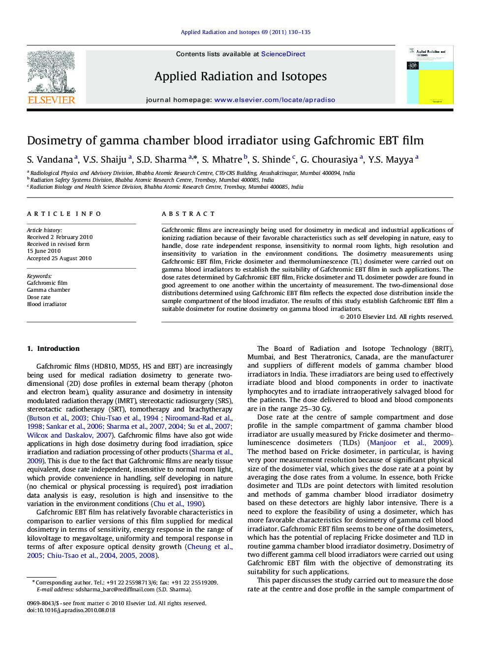 Dosimetry of gamma chamber blood irradiator using Gafchromic EBT film