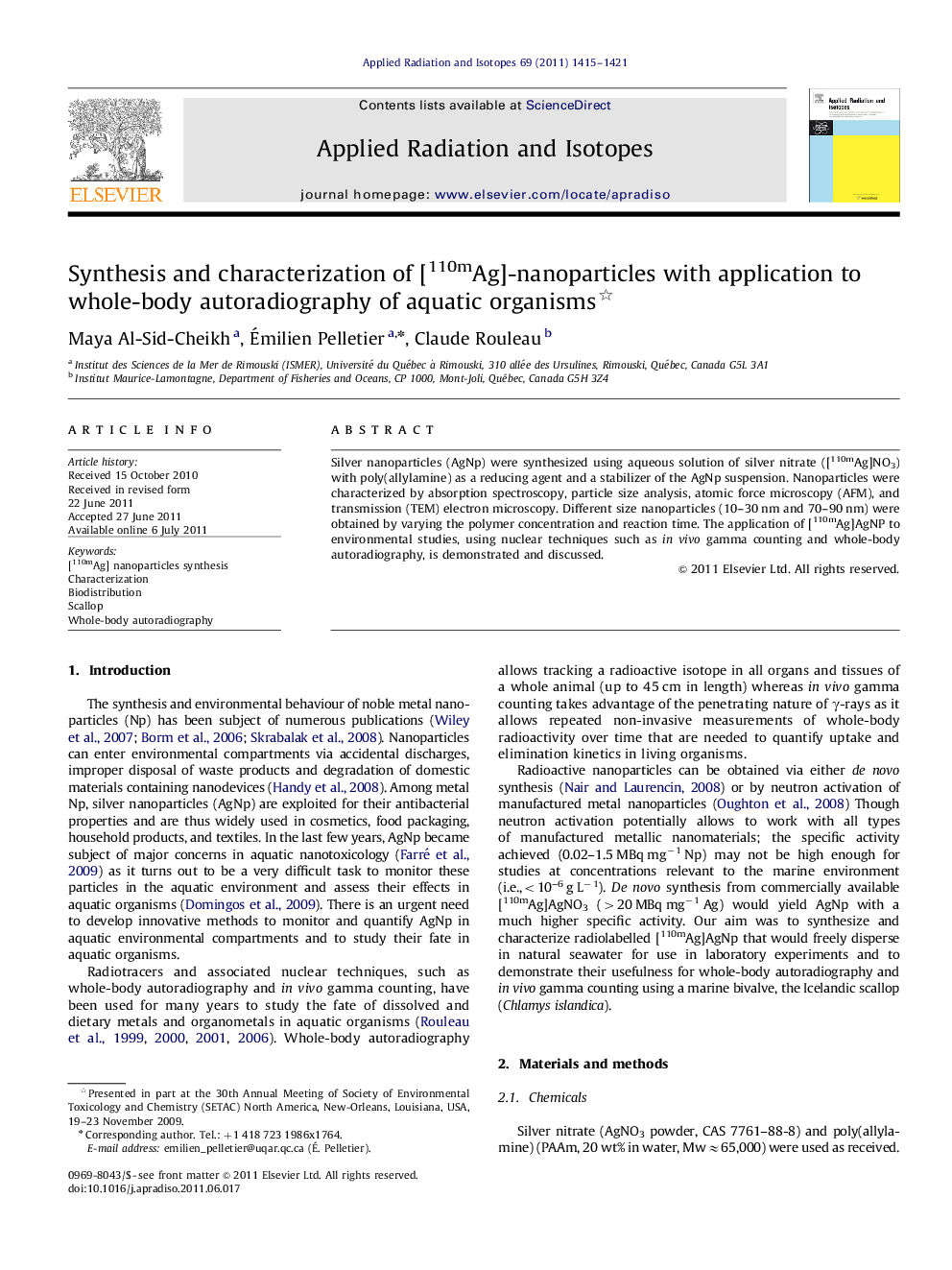 Synthesis and characterization of [110mAg]-nanoparticles with application to whole-body autoradiography of aquatic organisms 