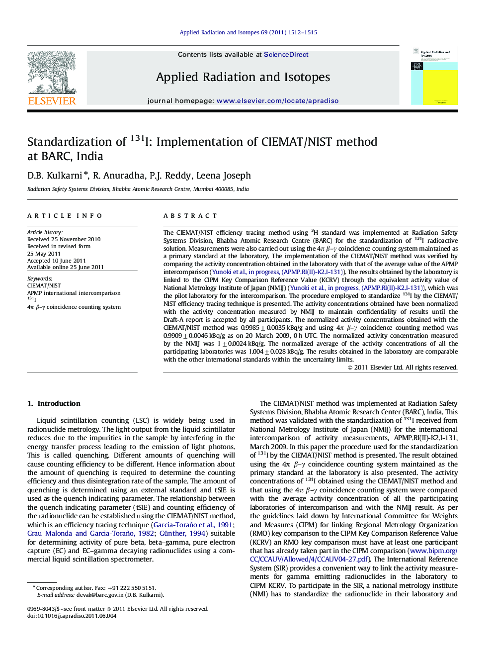 Standardization of 131I: Implementation of CIEMAT/NIST method at BARC, India