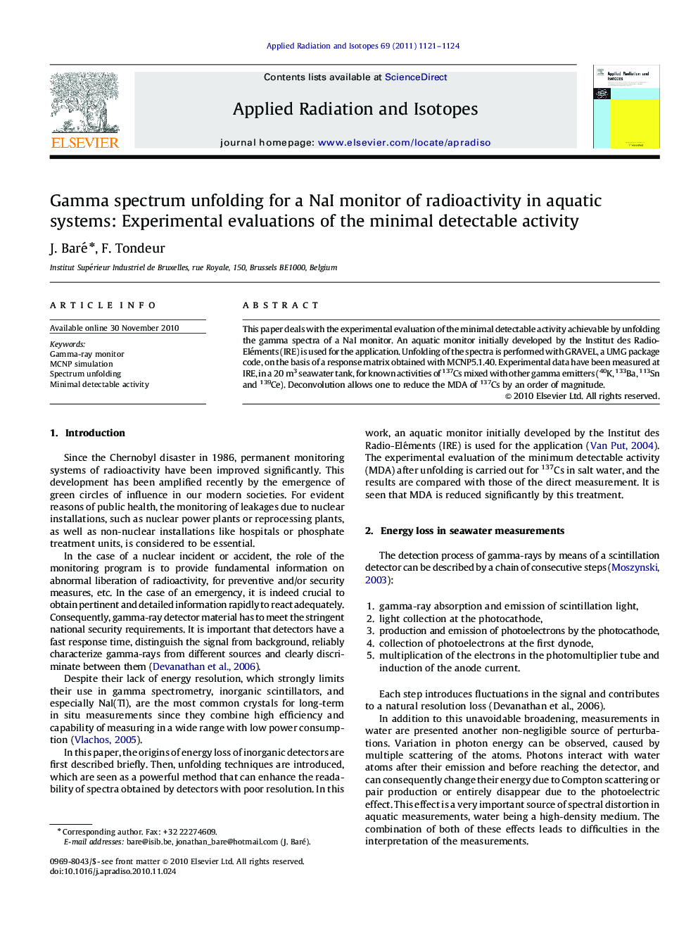 Gamma spectrum unfolding for a NaI monitor of radioactivity in aquatic systems: Experimental evaluations of the minimal detectable activity