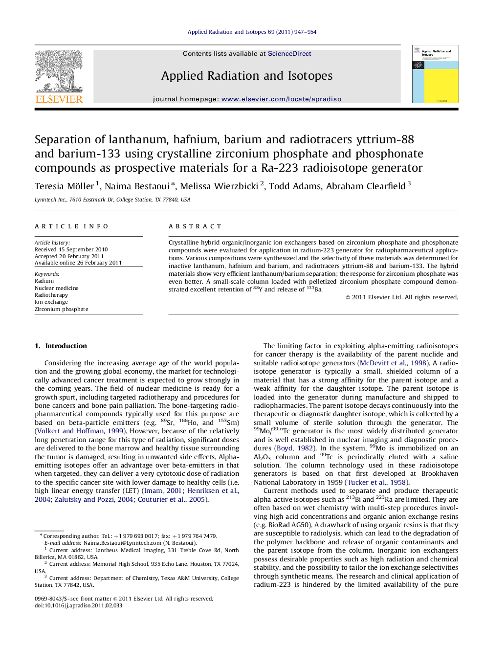 Separation of lanthanum, hafnium, barium and radiotracers yttrium-88 and barium-133 using crystalline zirconium phosphate and phosphonate compounds as prospective materials for a Ra-223 radioisotope generator