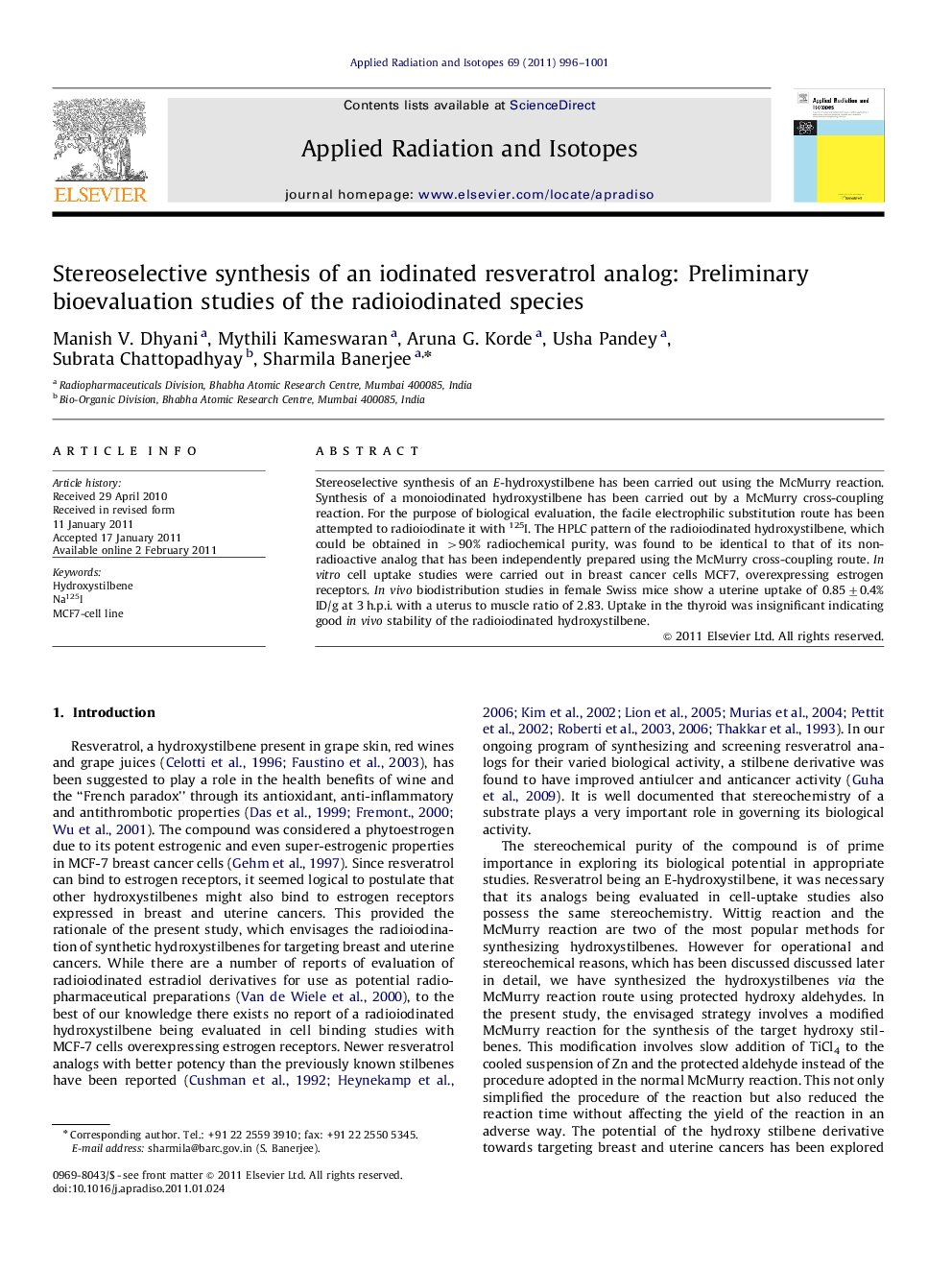 Stereoselective synthesis of an iodinated resveratrol analog: Preliminary bioevaluation studies of the radioiodinated species