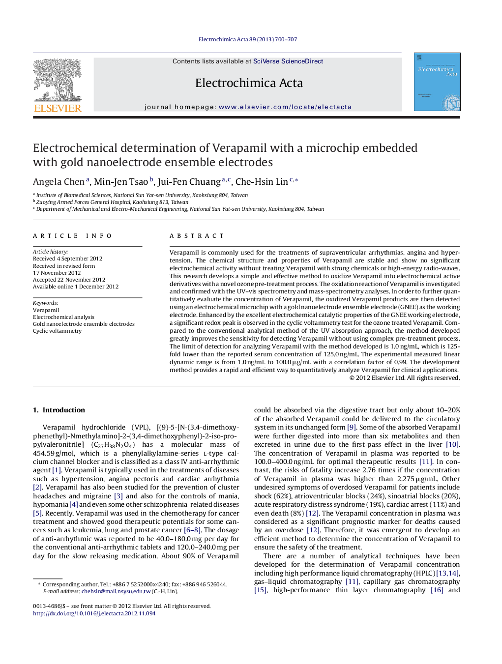 Electrochemical determination of Verapamil with a microchip embedded with gold nanoelectrode ensemble electrodes