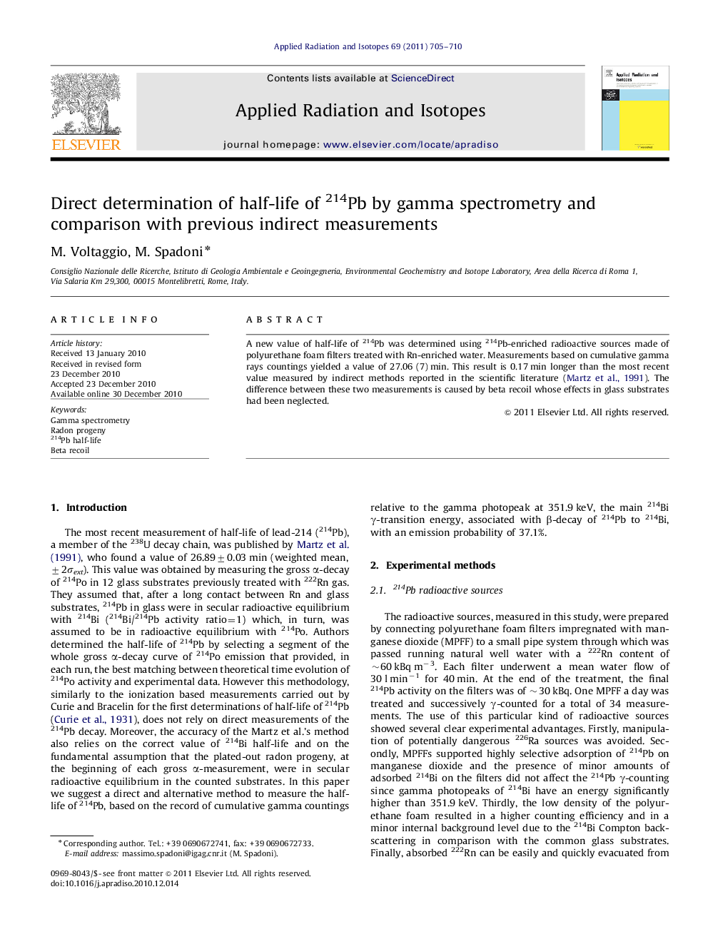 Direct determination of half-life of 214Pb by gamma spectrometry and comparison with previous indirect measurements