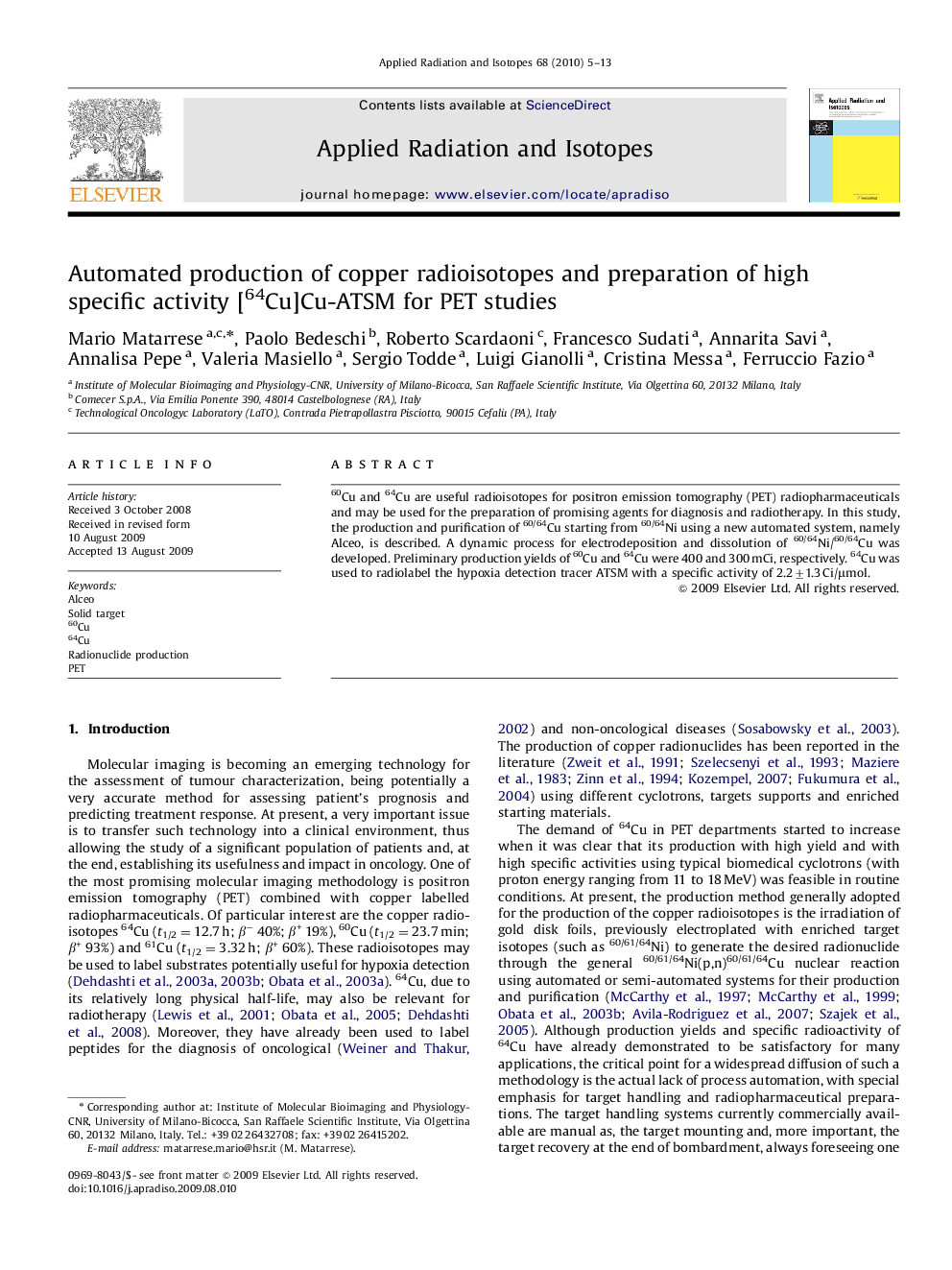 Automated production of copper radioisotopes and preparation of high specific activity [64Cu]Cu-ATSM for PET studies