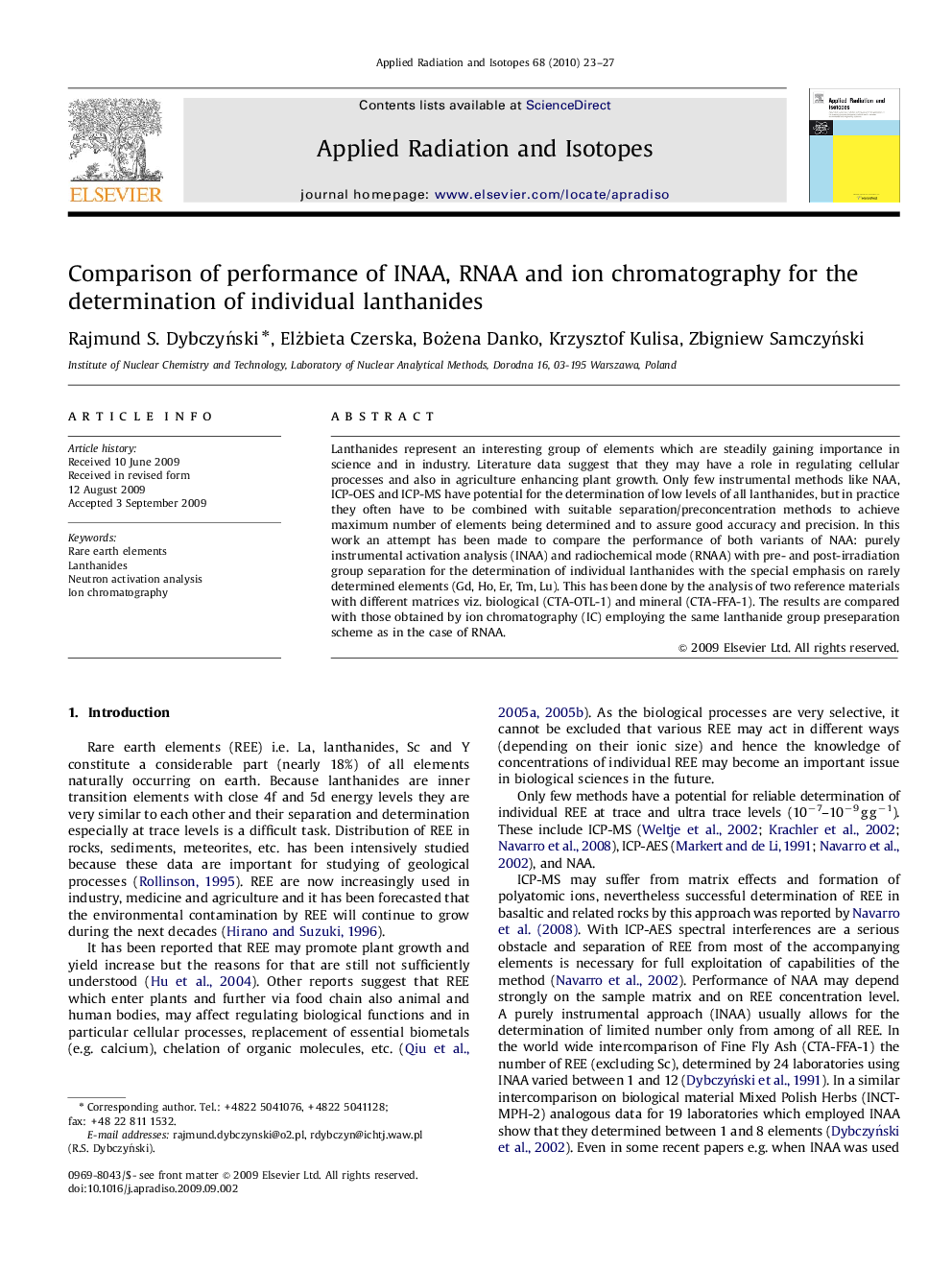 Comparison of performance of INAA, RNAA and ion chromatography for the determination of individual lanthanides