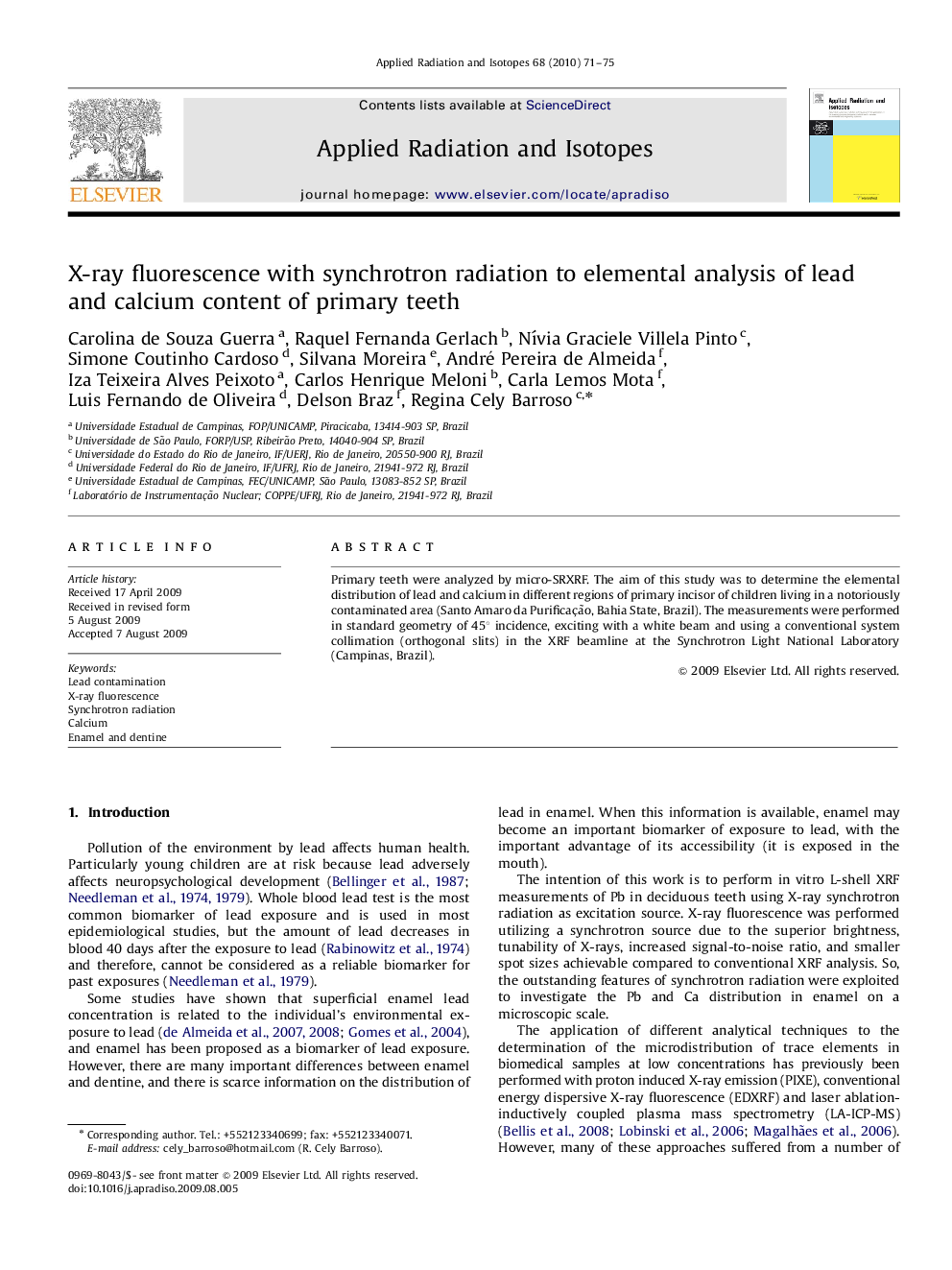 X-ray fluorescence with synchrotron radiation to elemental analysis of lead and calcium content of primary teeth