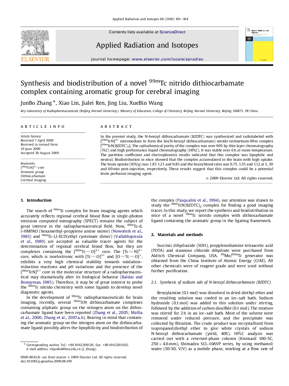 Synthesis and biodistribution of a novel 99mTc nitrido dithiocarbamate complex containing aromatic group for cerebral imaging