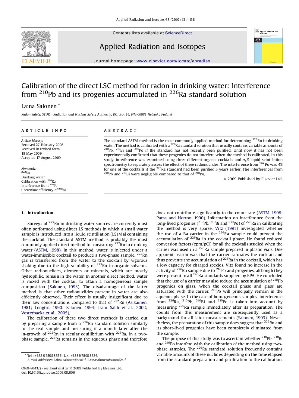 Calibration of the direct LSC method for radon in drinking water: Interference from 210Pb and its progenies accumulated in 226Ra standard solution