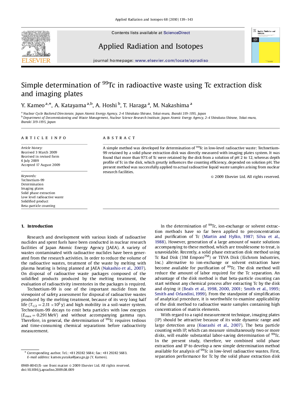 عکس صفحه اول مقاله: Simple determination of 99Tc in radioactive waste using Tc extraction disk and imaging plates Simple determination of 99Tc in radioactive waste using Tc extraction disk and imaging plates