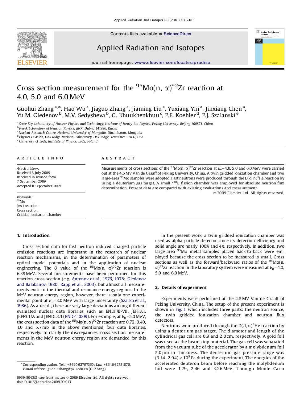 Cross section measurement for the 95Mo(n, Î±)92Zr reaction at 4.0, 5.0 and 6.0Â MeV