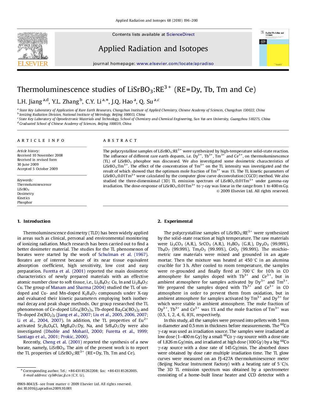 Thermoluminescence studies of LiSrBO3:RE3+ (RE=Dy, Tb, Tm and Ce)