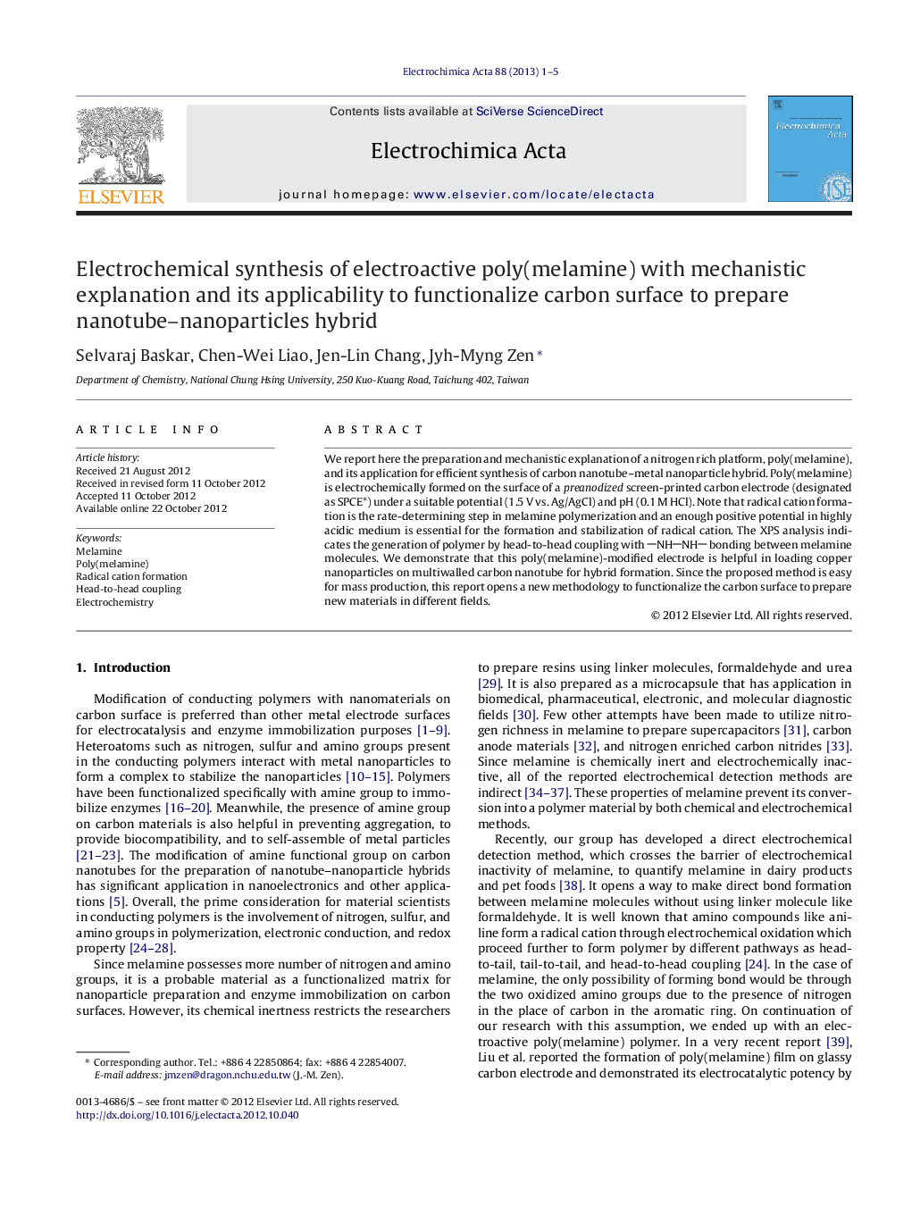 Electrochemical synthesis of electroactive poly(melamine) with mechanistic explanation and its applicability to functionalize carbon surface to prepare nanotube–nanoparticles hybrid