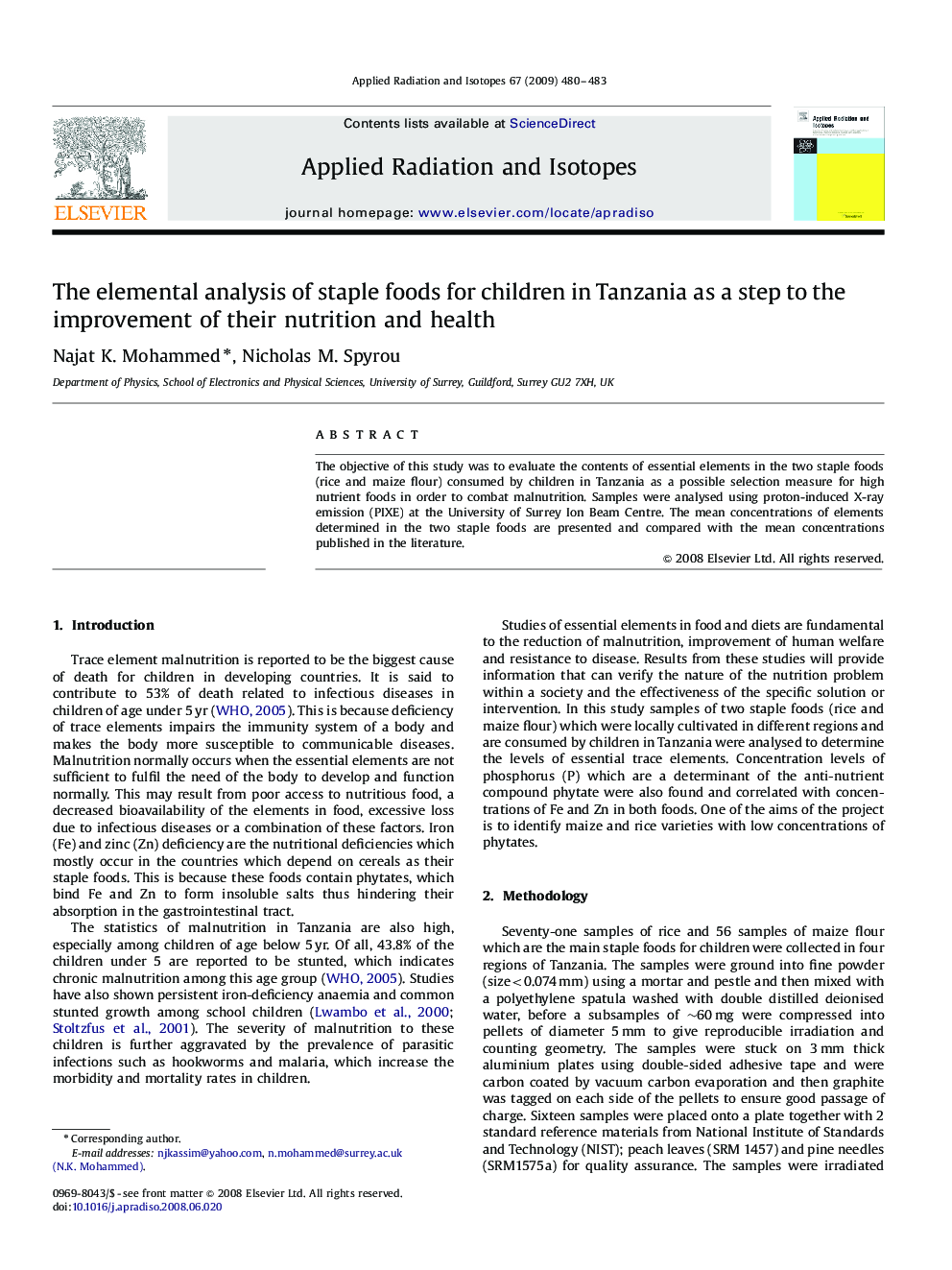 The elemental analysis of staple foods for children in Tanzania as a step to the improvement of their nutrition and health