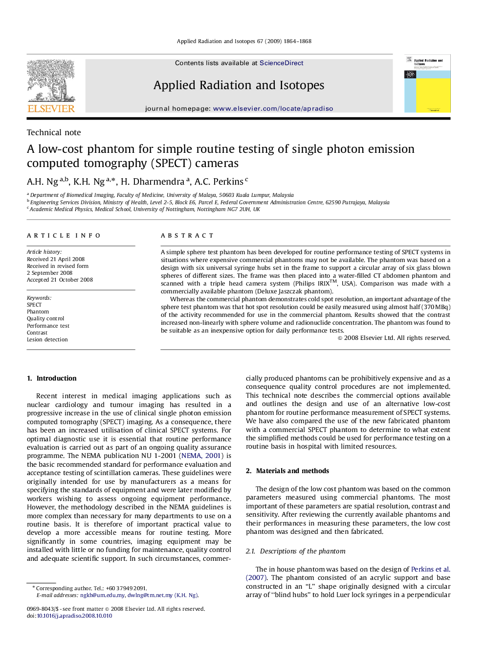 A low-cost phantom for simple routine testing of single photon emission computed tomography (SPECT) cameras