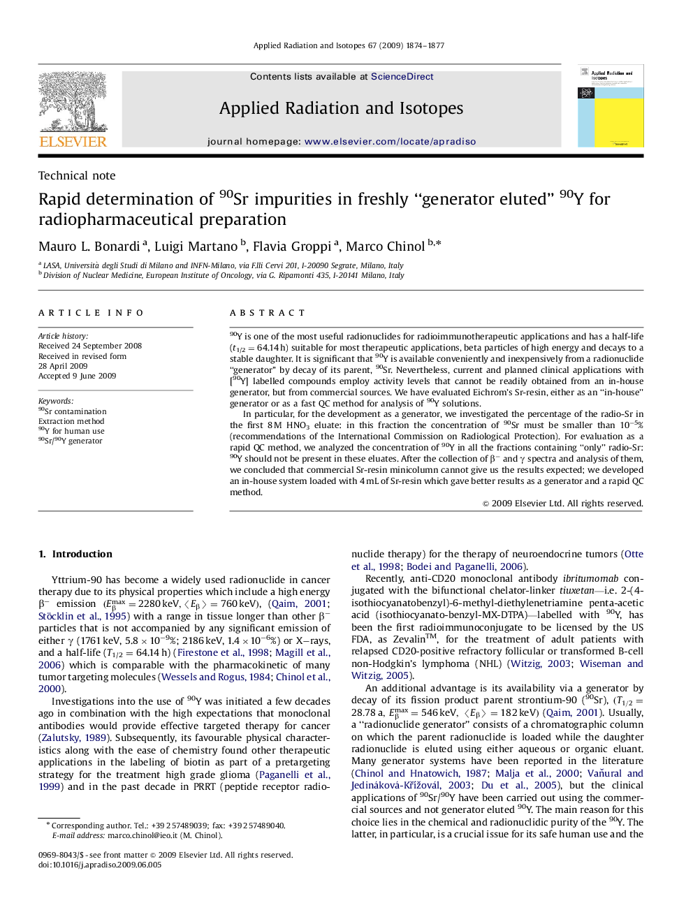 Rapid determination of 90Sr impurities in freshly “generator eluted” 90Y for radiopharmaceutical preparation