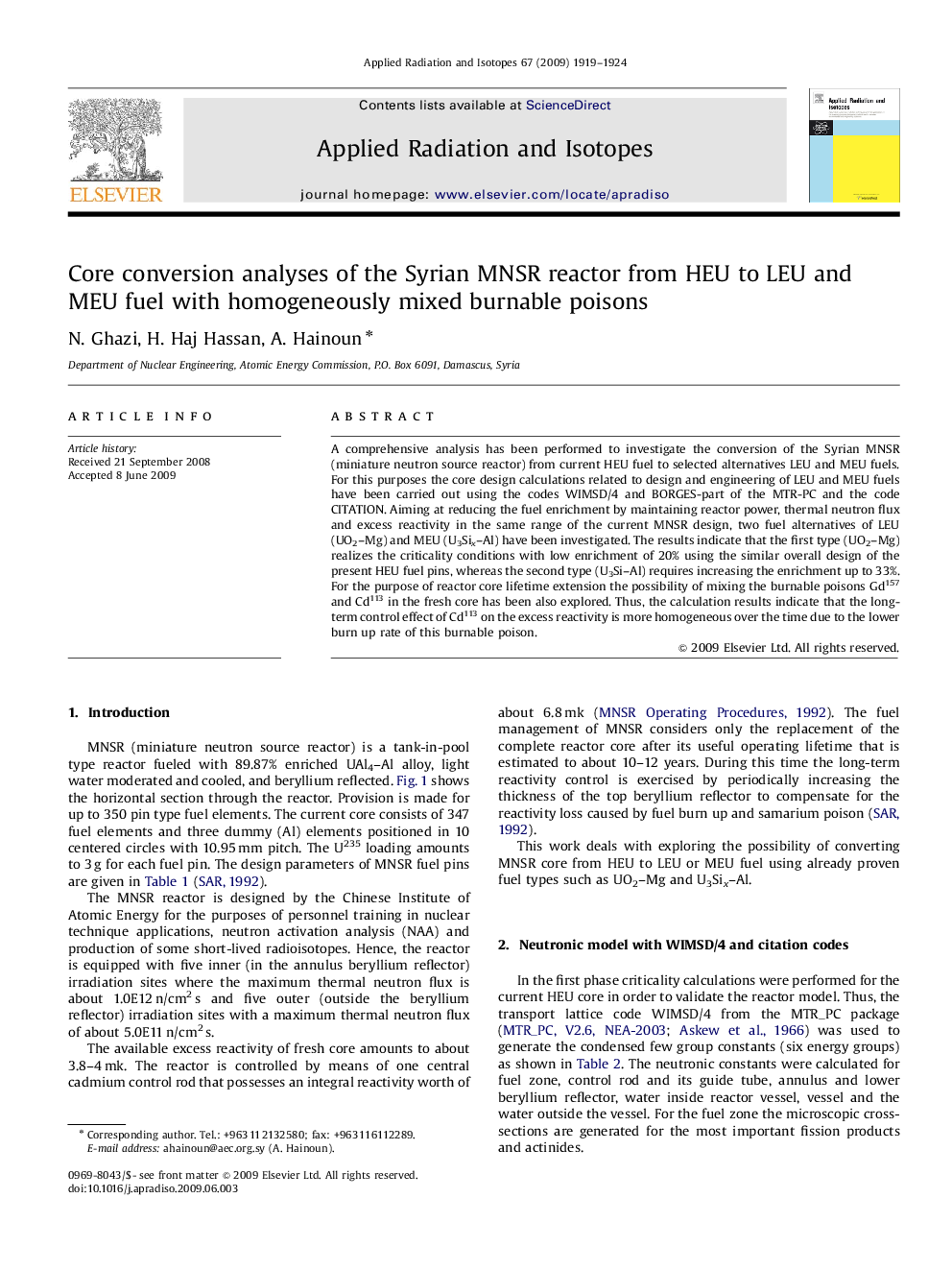عکس صفحه اول مقاله: Core conversion analyses of the Syrian MNSR reactor from HEU to LEU and MEU fuel with homogeneously mixed burnable poisons Core conversion analyses of the Syrian MNSR reactor from HEU to LEU and MEU fuel with homogeneously mixed burnable poisons