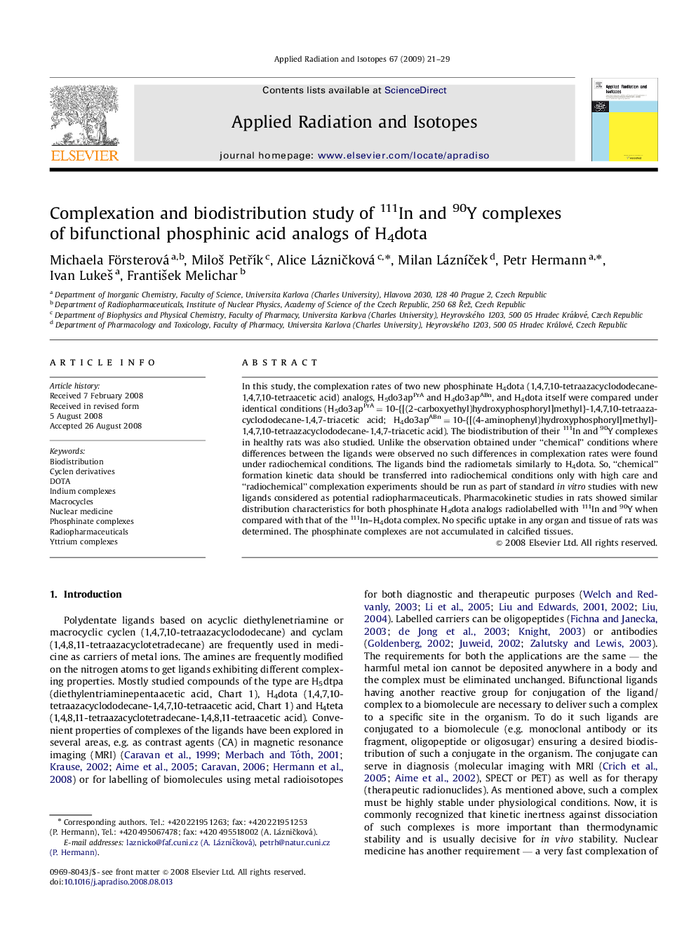 Complexation and biodistribution study of 111In and 90Y complexes of bifunctional phosphinic acid analogs of H4dota