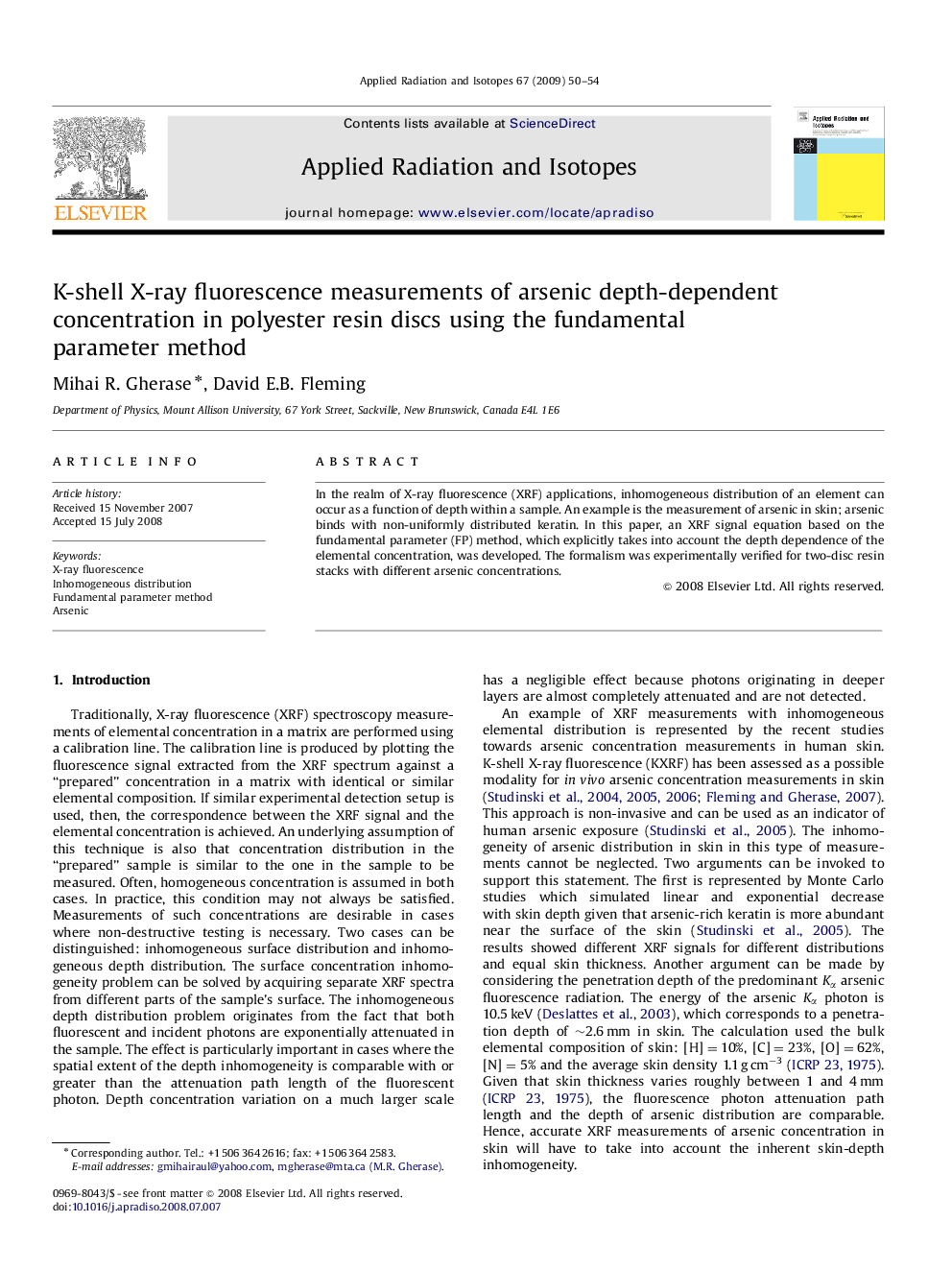 K-shell X-ray fluorescence measurements of arsenic depth-dependent concentration in polyester resin discs using the fundamental parameter method