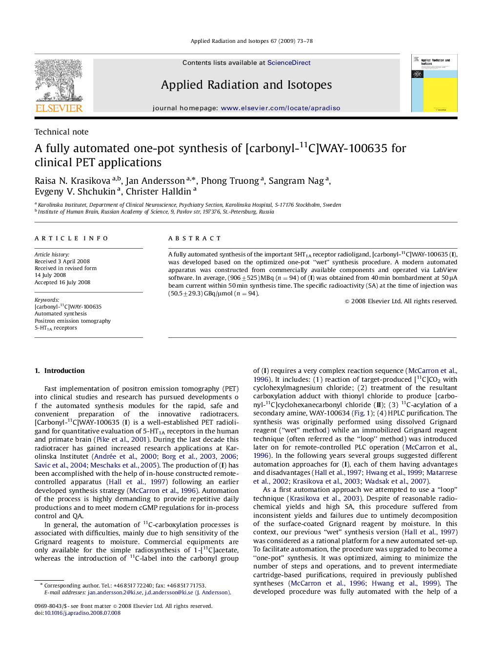 A fully automated one-pot synthesis of [carbonyl-11C]WAY-100635 for clinical PET applications