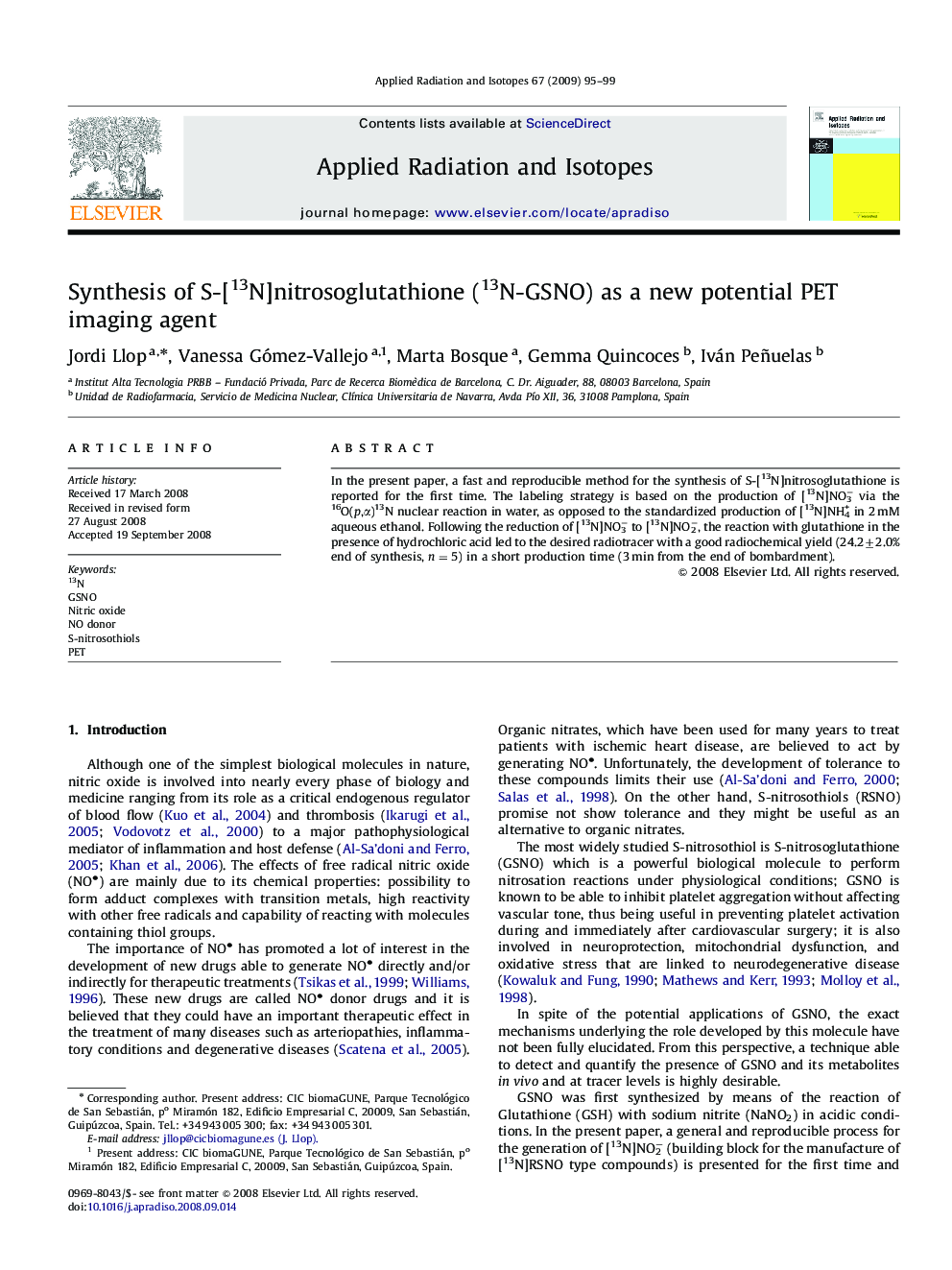 Synthesis of S-[13N]nitrosoglutathione (13N-GSNO) as a new potential PET imaging agent