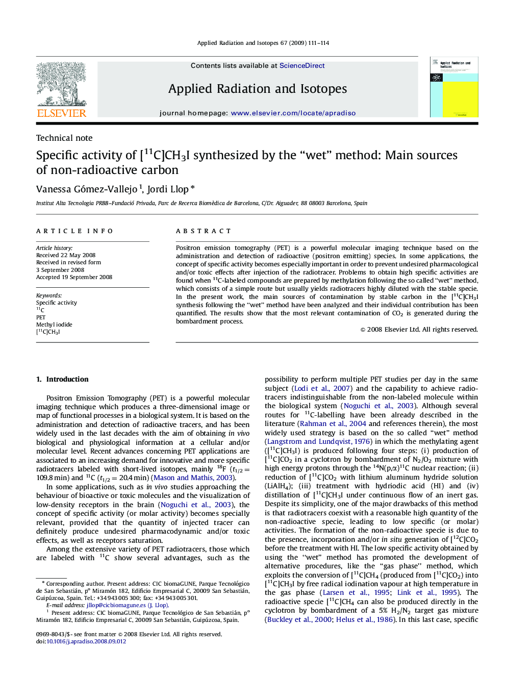 Specific activity of [11C]CH3I synthesized by the “wet” method: Main sources of non-radioactive carbon