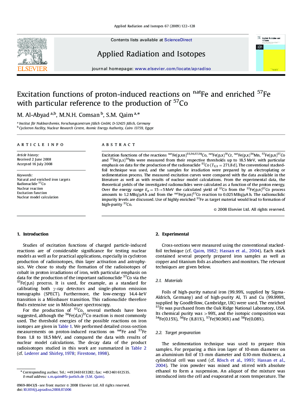 Excitation functions of proton-induced reactions on natFe and enriched 57Fe with particular reference to the production of 57Co