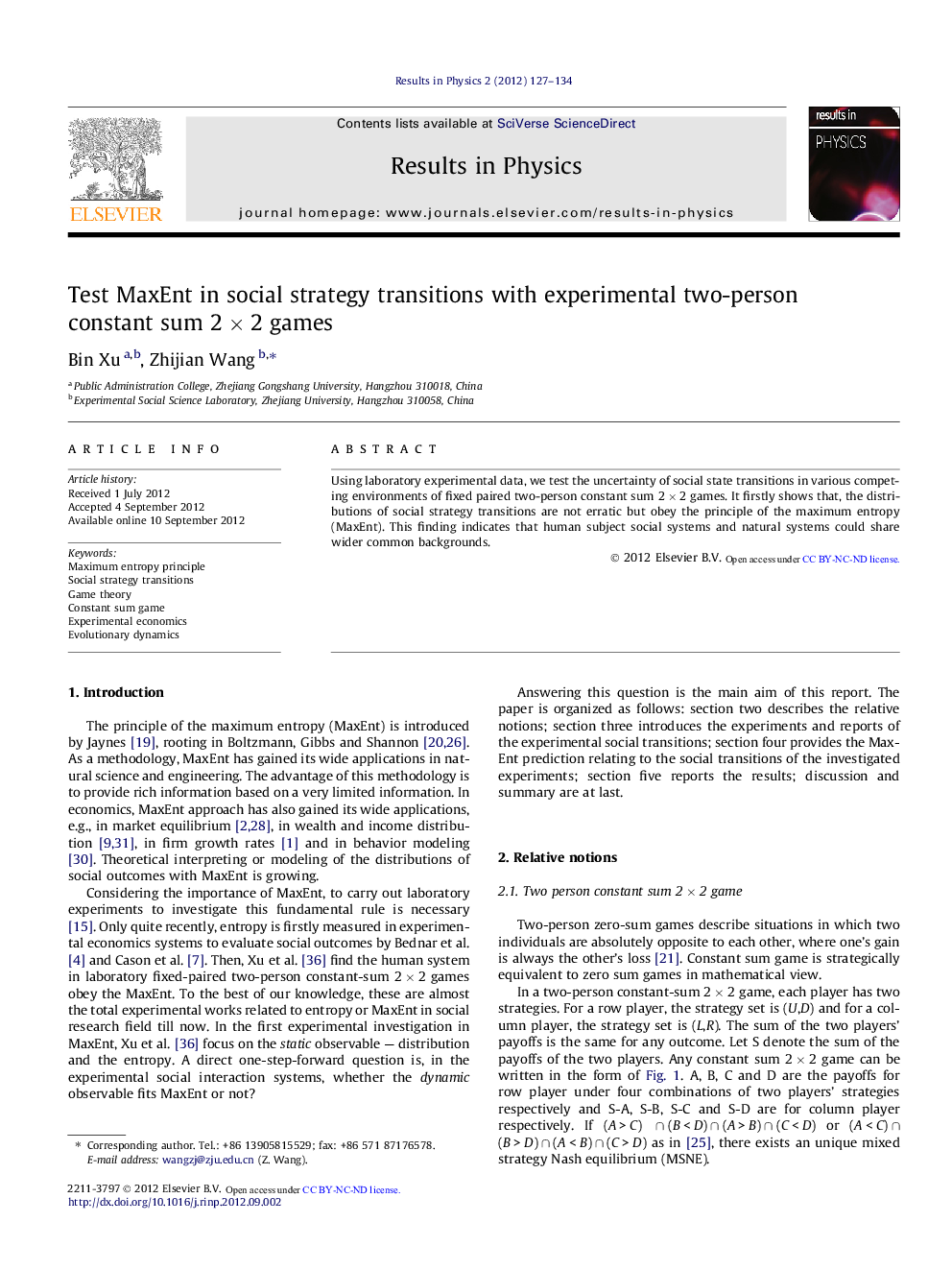 Test MaxEnt in social strategy transitions with experimental two-person constant sum 2 × 2 games