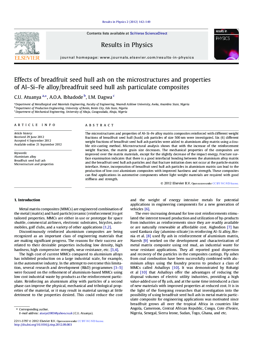 Effects of breadfruit seed hull ash on the microstructures and properties of Al–Si–Fe alloy/breadfruit seed hull ash particulate composites