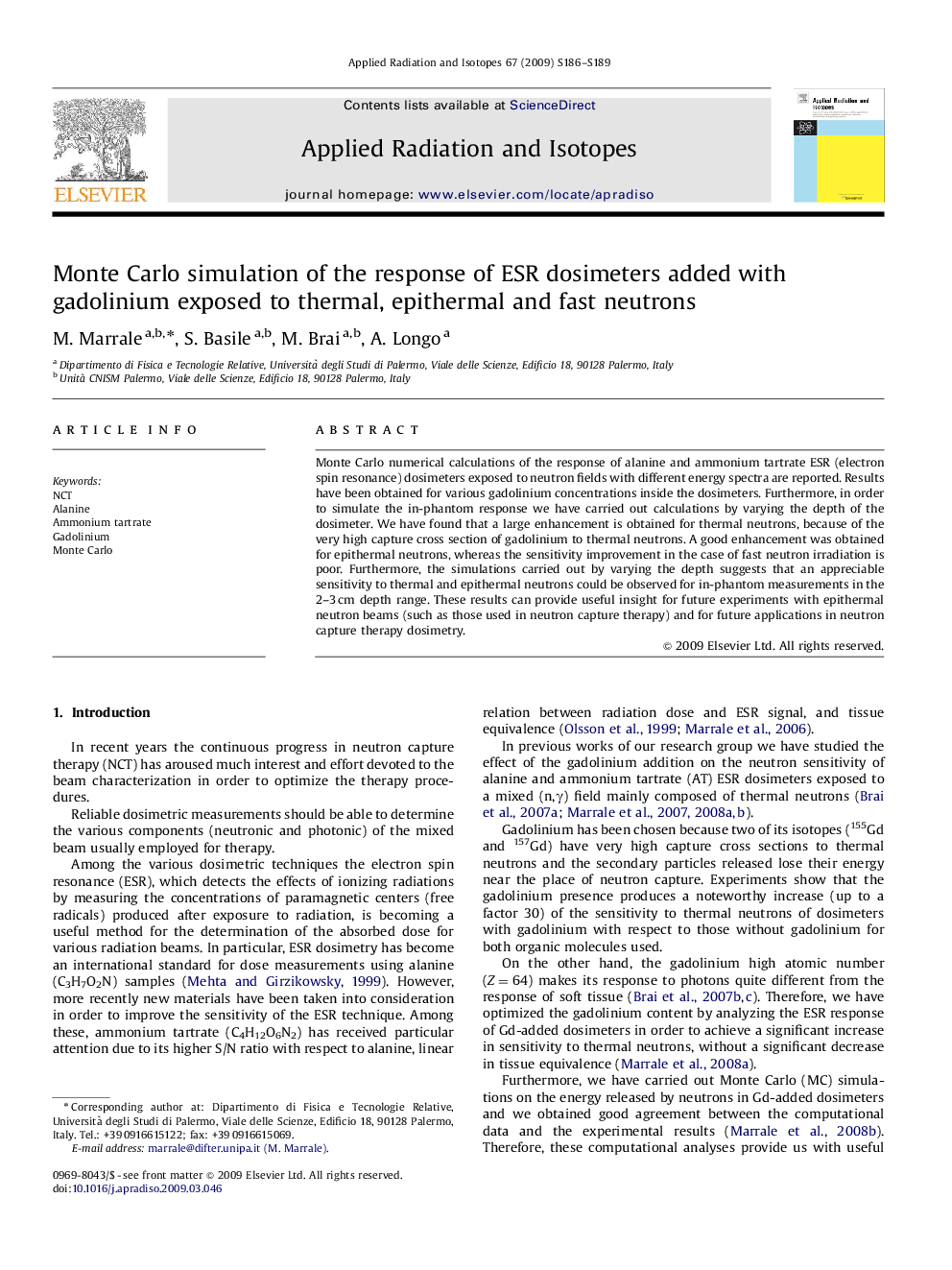 Monte Carlo simulation of the response of ESR dosimeters added with gadolinium exposed to thermal, epithermal and fast neutrons