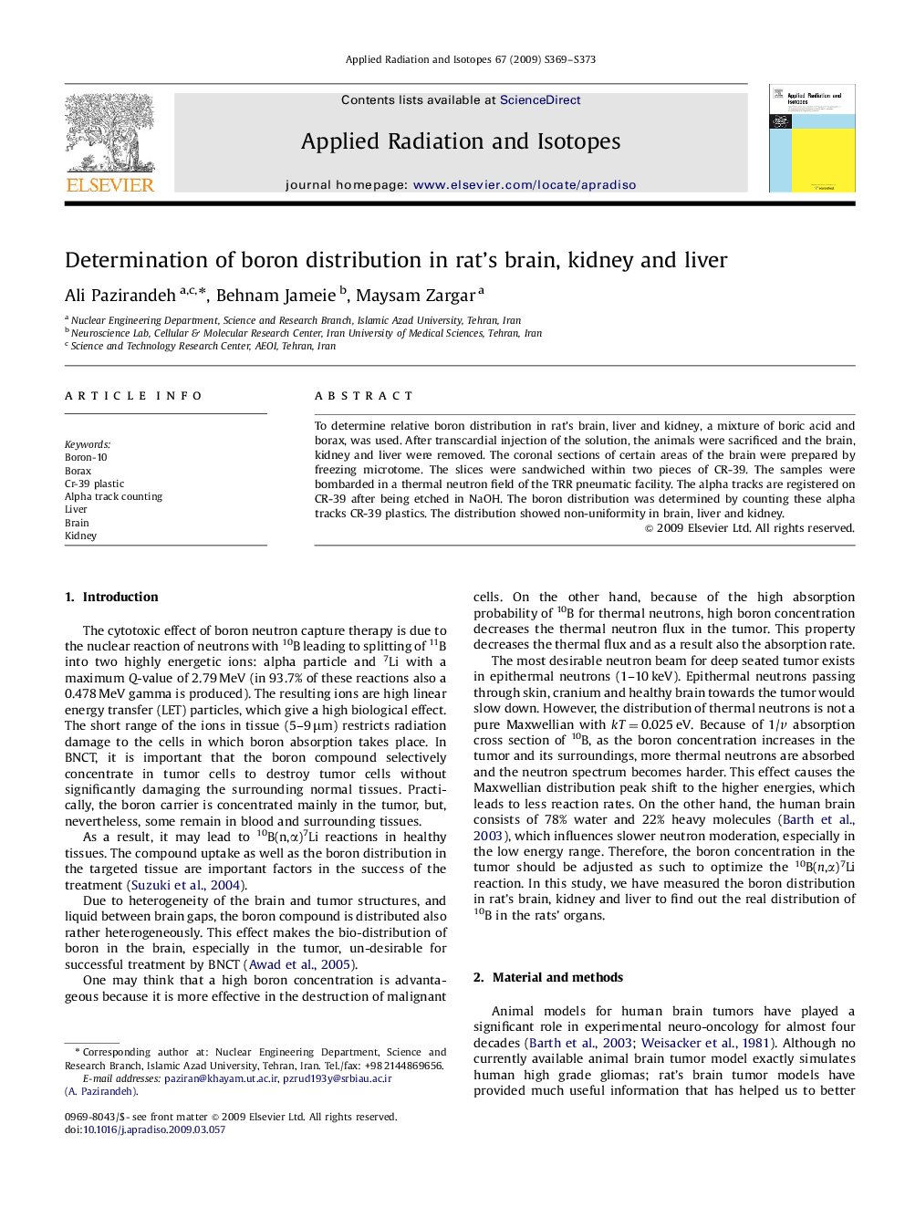 Determination of boron distribution in rat's brain, kidney and liver