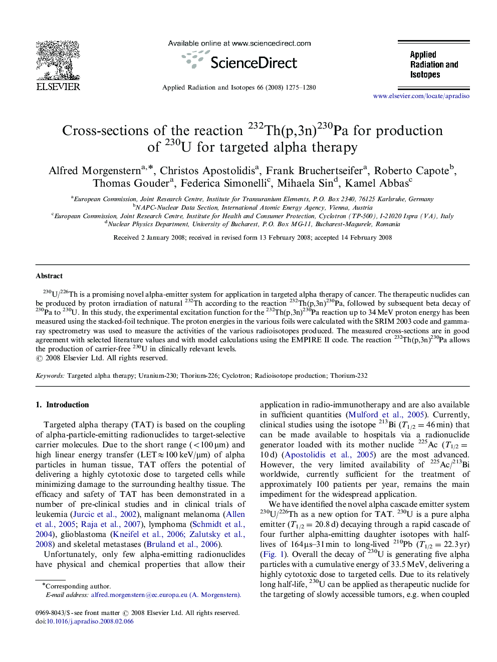 Cross-sections of the reaction 232Th(p,3n)230Pa for production of 230U for targeted alpha therapy