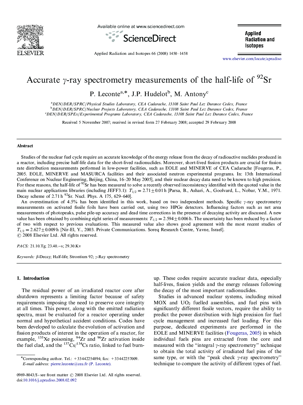 Accurate Î³-ray spectrometry measurements of the half-life of 92Sr