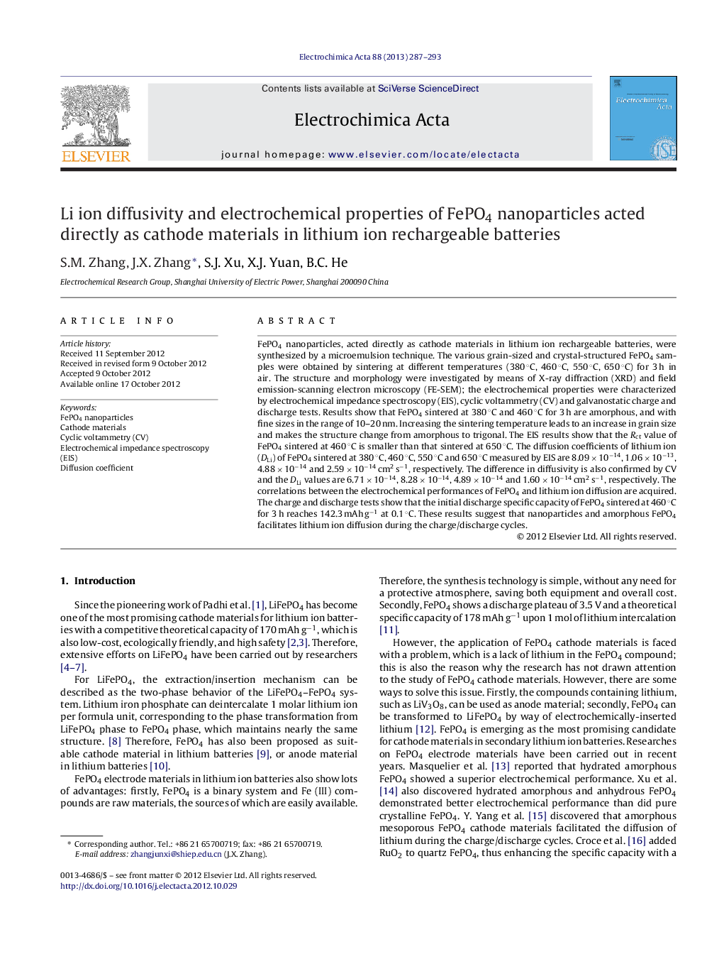 Li ion diffusivity and electrochemical properties of FePO4 nanoparticles acted directly as cathode materials in lithium ion rechargeable batteries