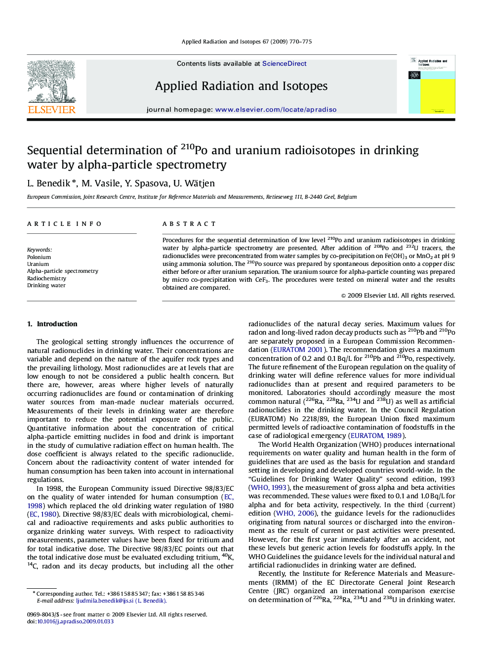 Sequential determination of 210Po and uranium radioisotopes in drinking water by alpha-particle spectrometry