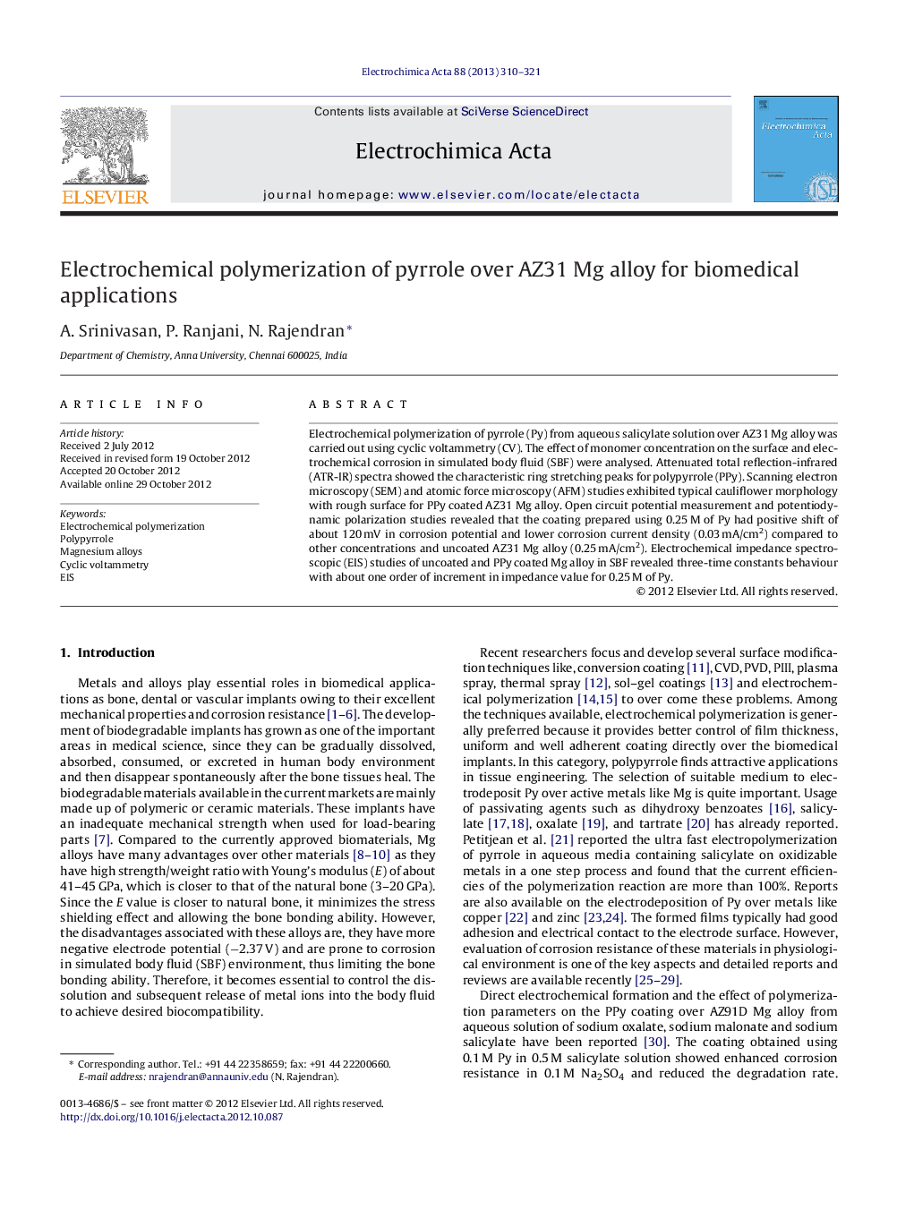 Electrochemical polymerization of pyrrole over AZ31 Mg alloy for biomedical applications