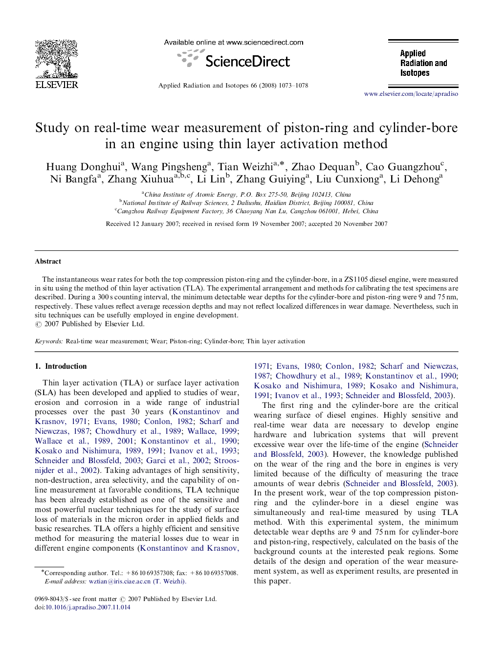 Study on real-time wear measurement of piston-ring and cylinder-bore in an engine using thin layer activation method