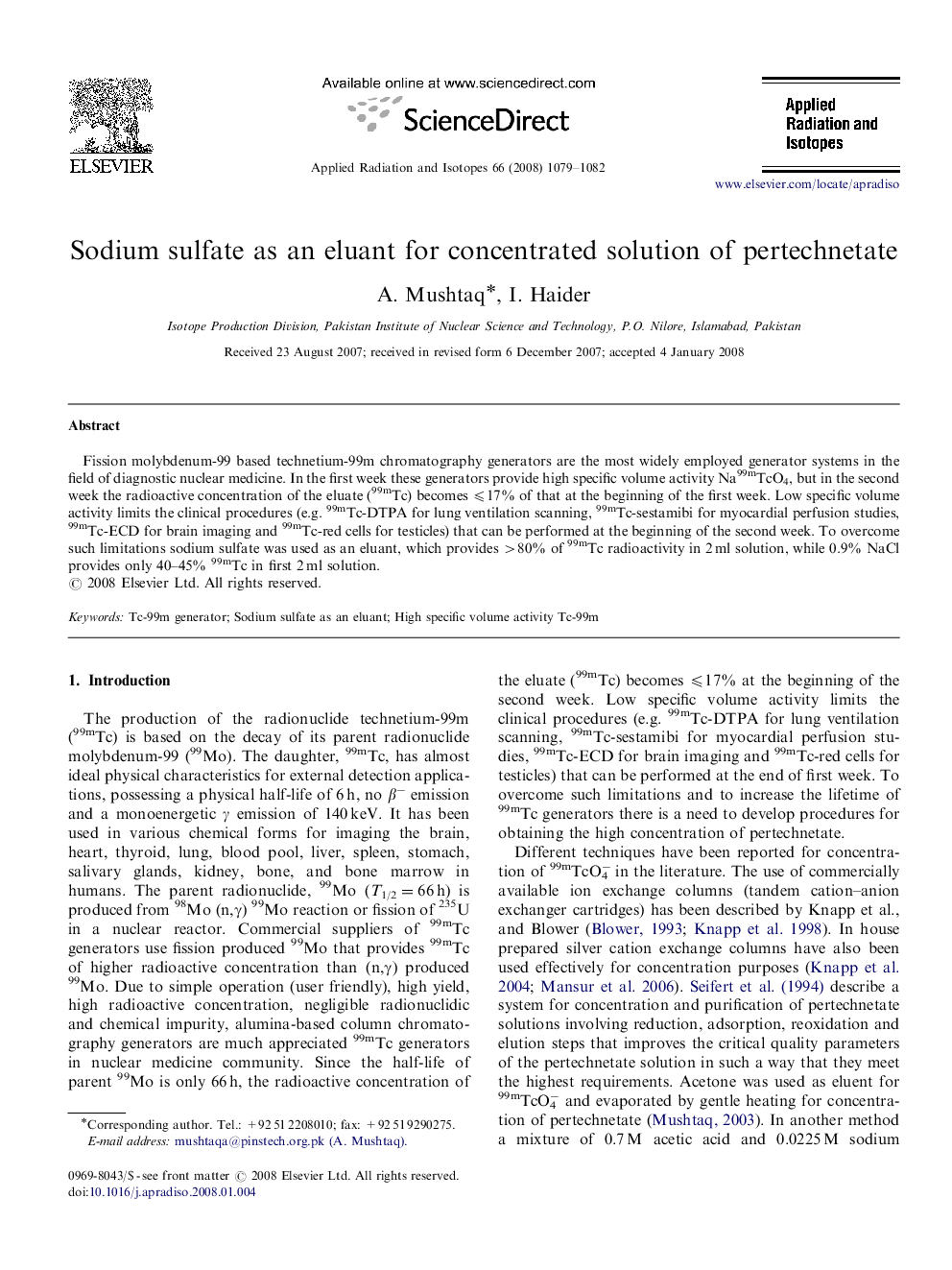 Sodium sulfate as an eluant for concentrated solution of pertechnetate