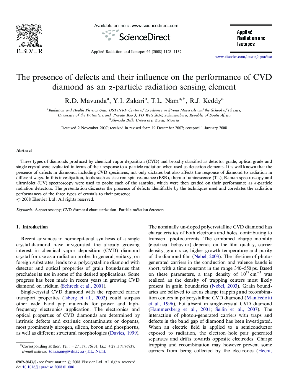 The presence of defects and their influence on the performance of CVD diamond as an α-particle radiation sensing element