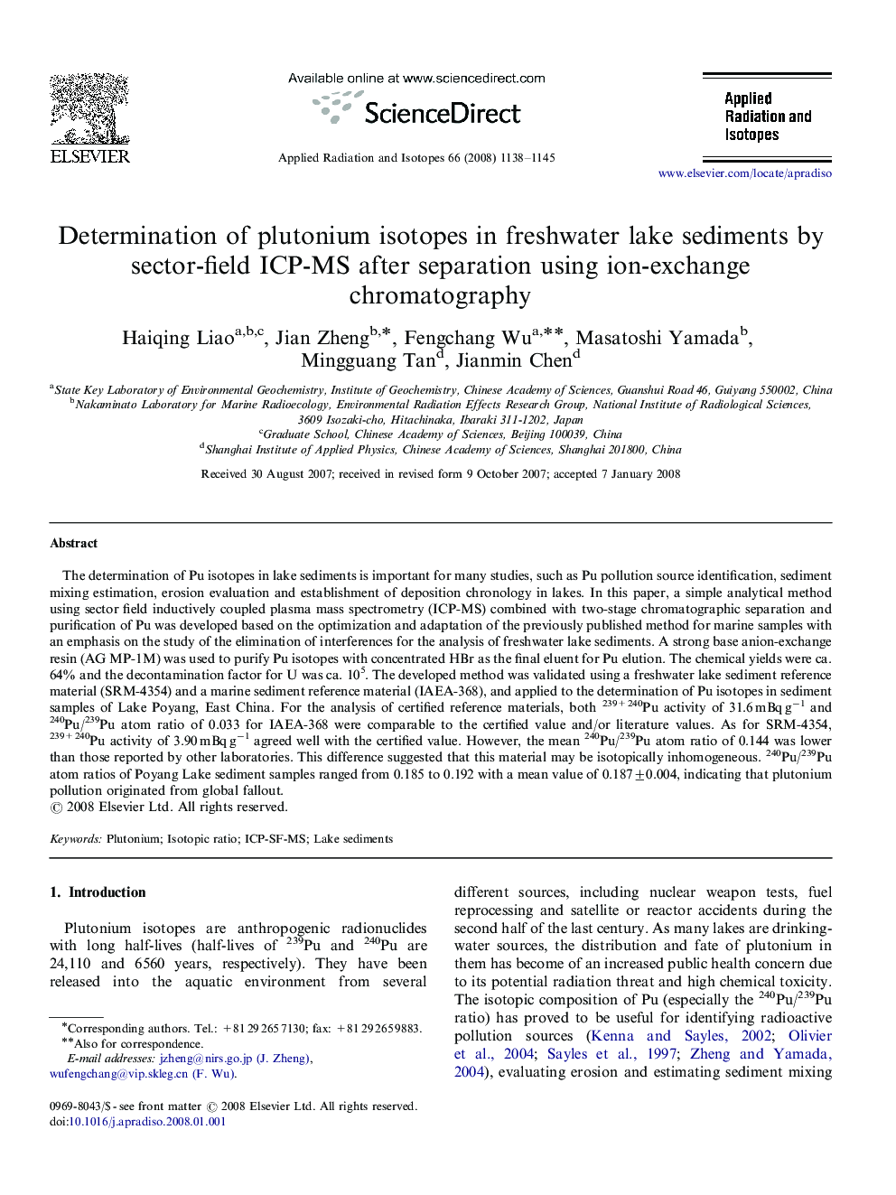 Determination of plutonium isotopes in freshwater lake sediments by sector-field ICP-MS after separation using ion-exchange chromatography