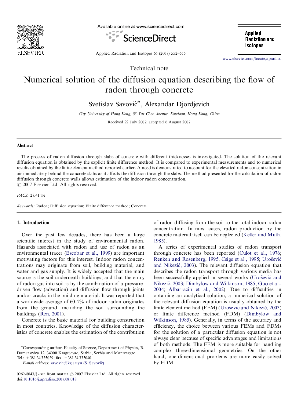 Numerical solution of the diffusion equation describing the flow of radon through concrete SEQ CHAPTER