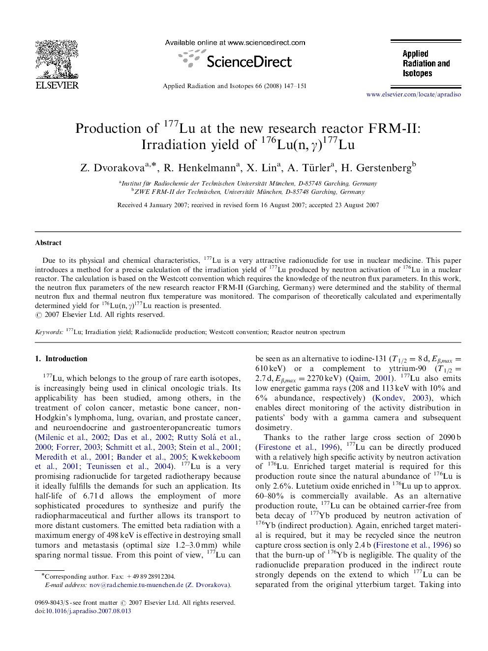 Production of 177Lu at the new research reactor FRM-II: Irradiation yield of 176Lu(n,γ)(n,γ)177Lu