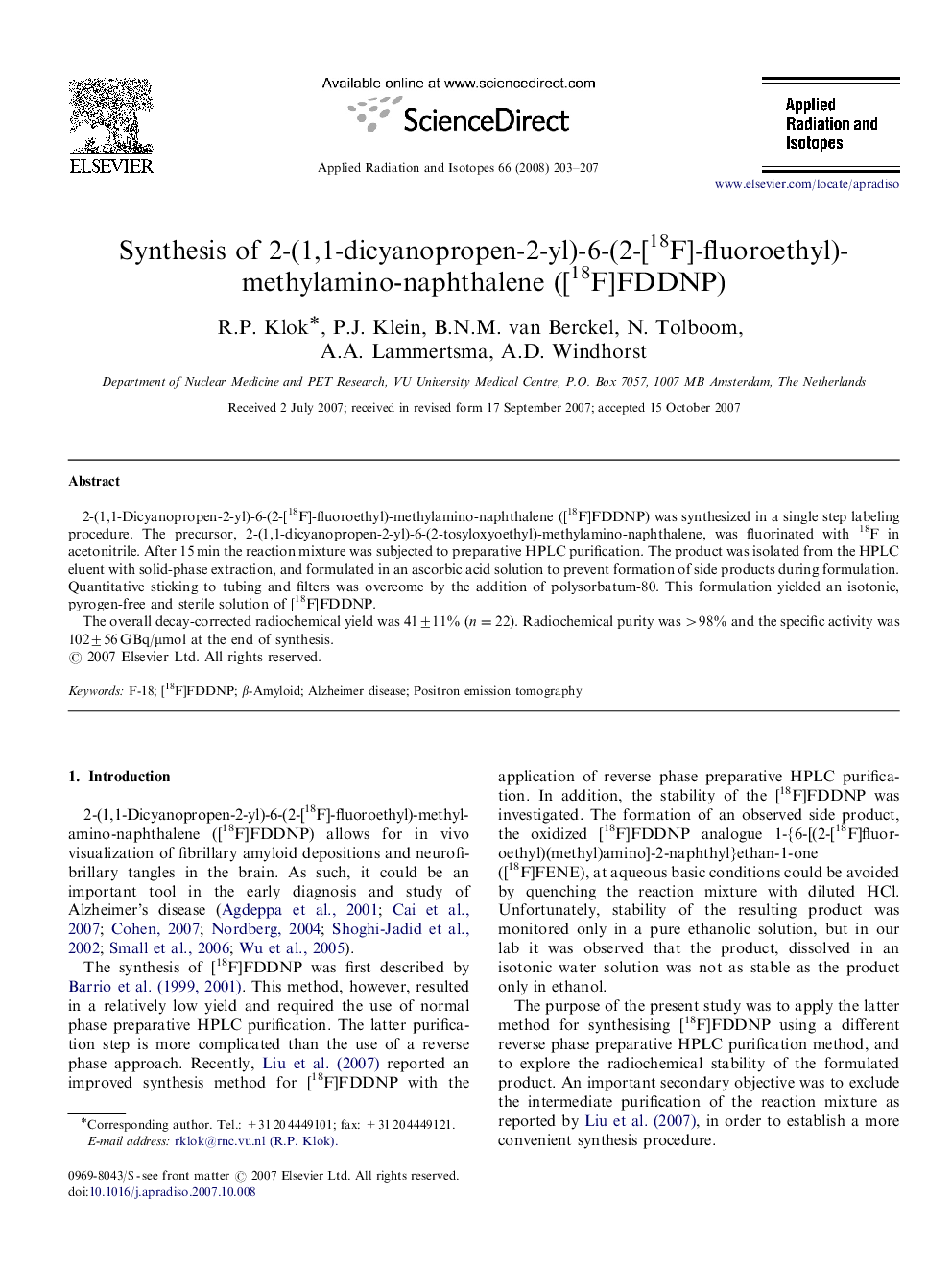 Synthesis of 2-(1,1-dicyanopropen-2-yl)-6-(2-[18F]-fluoroethyl)-methylamino-naphthalene ([18F]FDDNP)