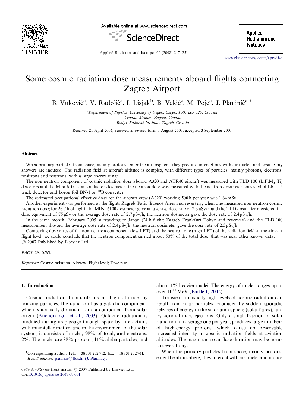 Some cosmic radiation dose measurements aboard flights connecting Zagreb Airport